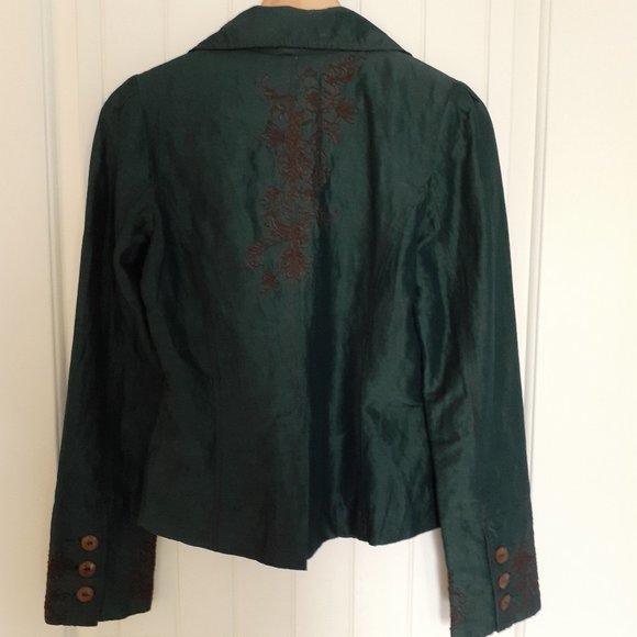 Modcloth Louche Silk Linen Embroidered 2-Button Blazer Teal Green Size 8 - Picture 2 of 11